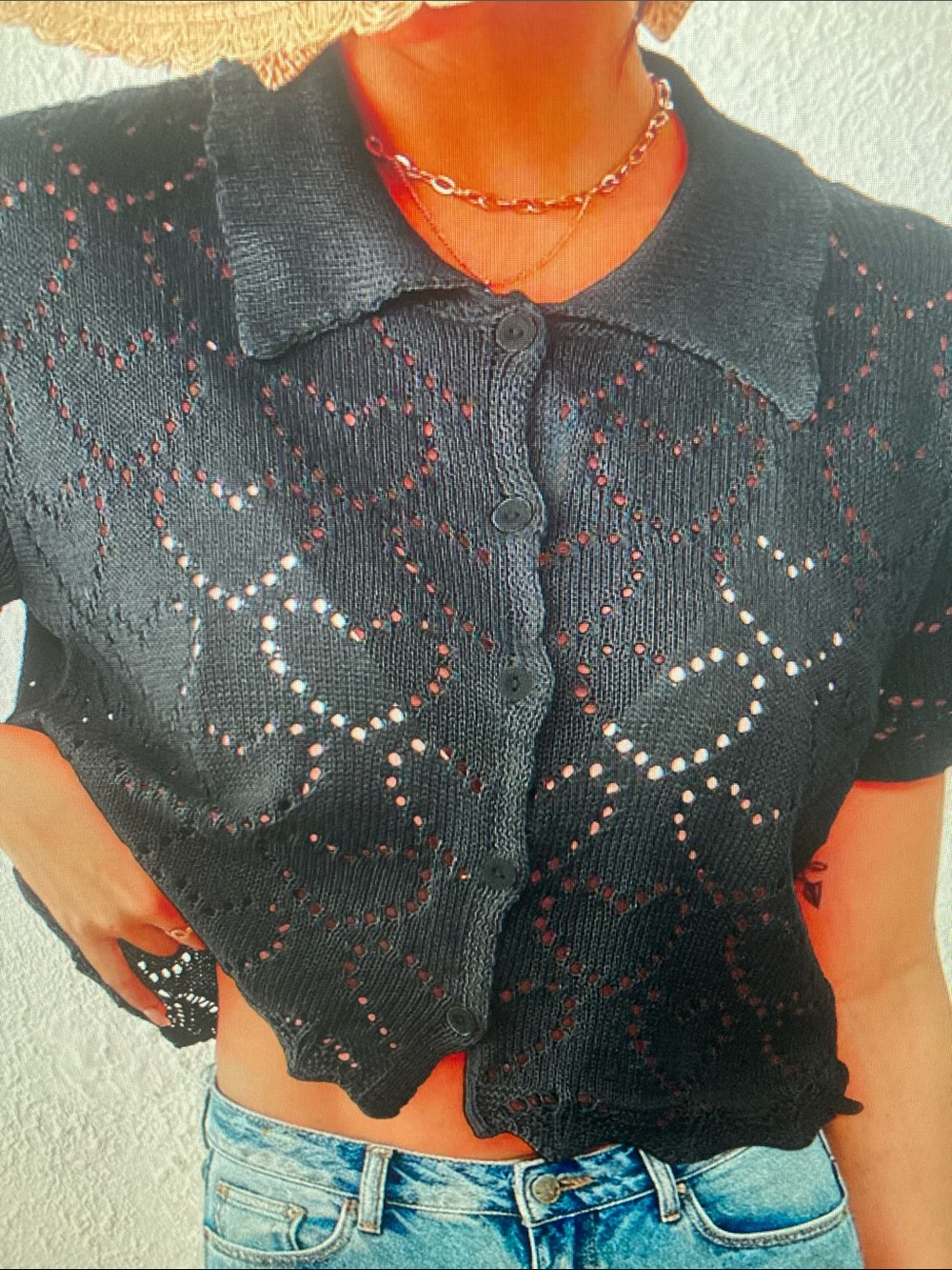 Black Eyelet Knit Polo Cardigan - Women